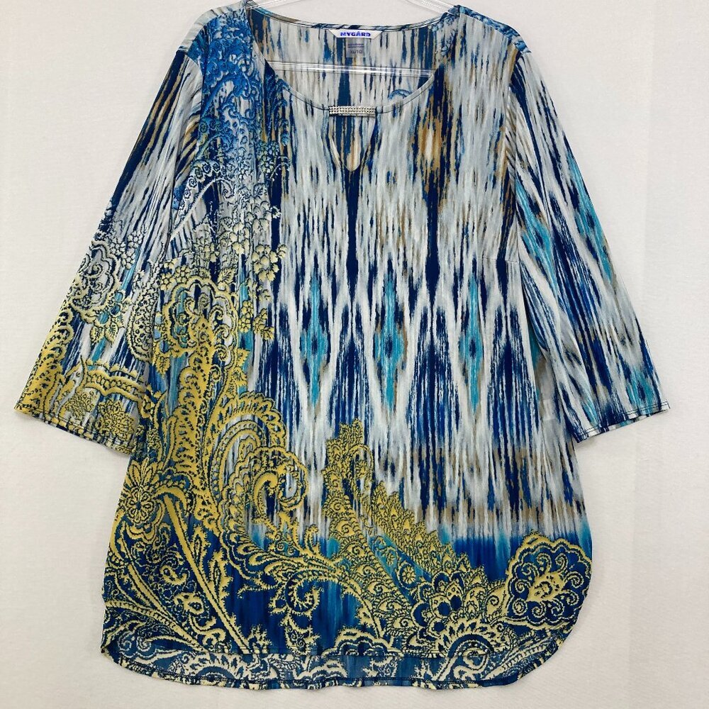 Nygard size XL Blue Multi Color Ikat Abstract Stretch‎ 3/4 Sleeve Blouse